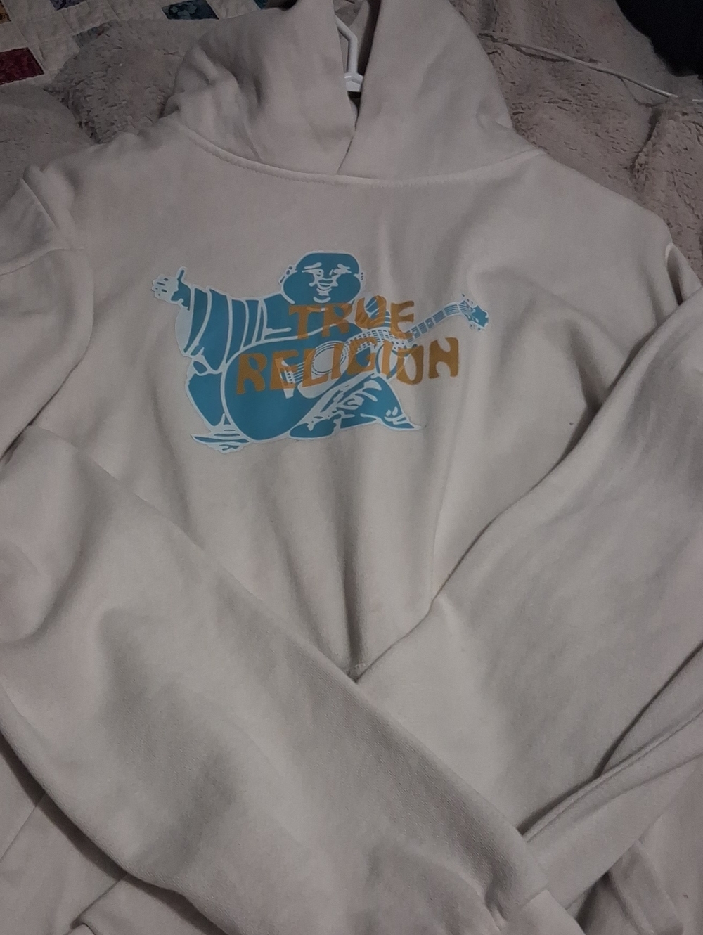 True Religion Cream Hoodie with Blue Buddha and Gold Logo